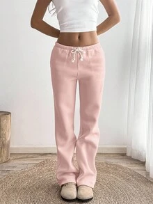 Flirla Petite Grey Low-Waist Drawstring Tie Slant Pocket Straight Leg Wide Leg Sweatpants, Fashionable Minimalist Casual Daily Versatile, Suitable For Petite Women, Spring/Autumn - Pink - View 4