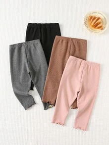 Cozy Pixies 4 قطع من السراويل الضيقة المصنوعة من الأقمشة الناعمة المحبوكة بألوان صلبة مع خصر متباين للأطفال البنات