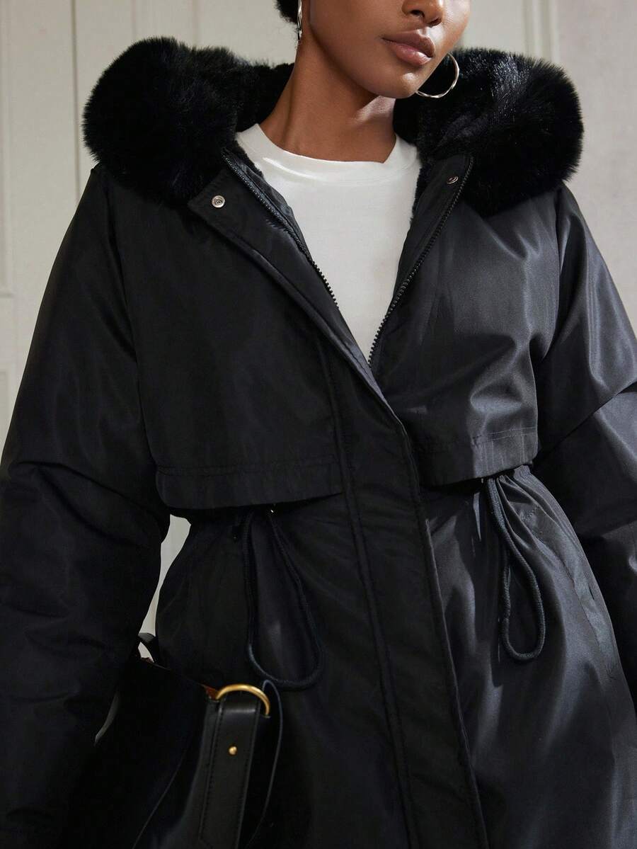 Aveloria Modichic New Casual Chic Minimalist Zipper Hooded Padded Coat, High-End Design Thermal Lined Thick Fur Collar Parka - Black - View 1