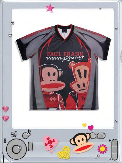 Paul Frank X ROMWE Men Sports Football Short Sleeve T-Shirt, Suitable For Everyday Wear In Spring/Summer