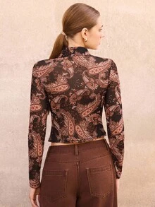 lacRébo Braunes Vintage-Stil Paisley-Muster Mesh Langarm Knopfverschluss Oberteil Frühling Sommer Ausgehshirt Chic Frühling - Verschiedenfarbig - Übersicht 4