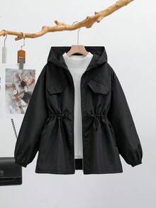 SHEIN Tween Girl Solid Color Drawstring Hooded Casual Jacket, With Drawstring Waist, Suitable For Autumn/Winter Black Hooded Jacket Girl Tween Girl Jacket Girls Black Jacket With Hood Cute Jackets For Girls  Girl Black Jacket Teen Girl Jacket Girls Hooded Jacket Cute Black Jackets For Girls Girls Black Rain Jacket Fall - Black - View 8