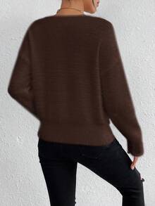 EMERY ROSE Biały sweter z dekoltem w serek, swobodny, miękki, dzianinowy, z długim rękawem, jesień/zima