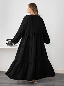 SHEIN CURVE+ Plus Size Women's Spring Summer Solid Round Neck Lantern Sleeve Ruffle Hem Loose Casual Dress Maxi Women Outfit/Autumn /Winter