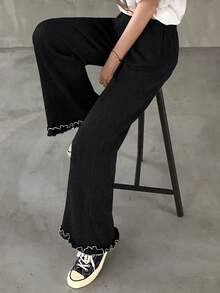 FRIFUL Women's Elastic Waist Drawstring Contrast Stitching Decoration Straight Leg Loose Casual Pants, Versatile Vacation