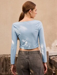 lacRébo Silver Metallic Lurex Long Sleeve Tie Front Party Top Fall Women Autumn Spring Summer - Baby Blue - View 2