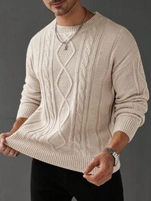 Manfinity Homme 男士休闲宽松针织毛衣，麻花图案，圆领，落肩，长袖，适合秋季穿着。男士毛衣，针织衫，麻花针织毛衣，男士套头毛衣。 - 杏色 - 查看 2
