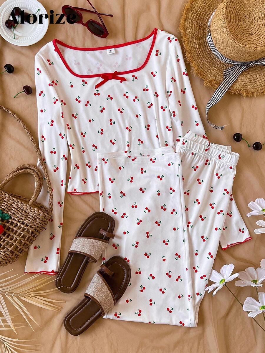 2 件套青少年女孩圆领长袖 T 恤，樱桃印花和松紧腰宽松直筒裤休闲装，秋季 - 白色 - 查看 1