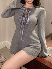 DAZY 女士针织蝴蝶结连体睡衣，家居服，秋季保暖睡衣，舒适套装