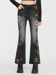 ROMWE EDITION Women's Halloween Moon & Star Embroidered Mysterious Denim Jeans - Black - View 5