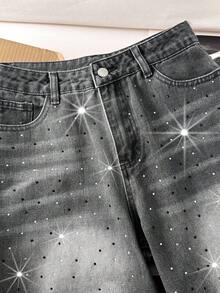 Comfortcana 复古性感修身洗水钻缀饰阔腿牛仔裤 牛仔裤 闪光牛仔裤 水钻牛仔裤 - 灰色 - 查看 5
