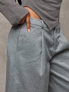 SHEIN BAE Women's Solid Color Pleated Waist Belt Loop Casual Loose Pants - Light Grey - View 5