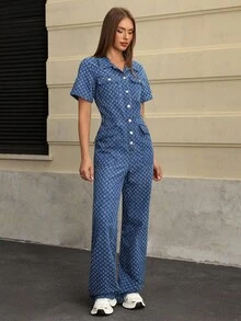 Jeanoix Women's Casual Printed Short Sleeve Loose Denim Jumpsuit