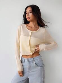 SHEIN PETITE 休閒百搭純色短版開襟衫，秋冬款，適合嬌小女性 - 黃色 - 查看 9