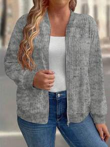 Plus Size Women 3D Textured Comfortable Zipper Jacket - Light Grey - View 5