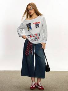 INAWLY 2025 Women's Fashion Pattern Oblique Shoulder Sweatshirt Jacket - Light Grey - View 4