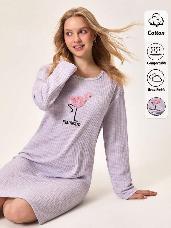 Loomlin Women Cotton Contrast Colour Binding Wirh Rib Knit Striped Flamingo Animal Embroidery Detail Long Sleeve Homewear Comfort Pajama Dress Long Sleeve Nightgown Sleep Wear Women Loose Pijama Set For Woman 100 Cotoon