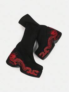 Sugerpunk Women's Round Toe Platform Thick Sole Embroidered Dragon Pattern Suede Slip-On Black Ankle Boots