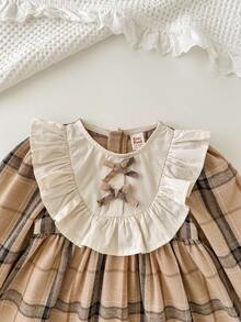 Cozy Pixies Baby Girl Brown Plaid Bow Contrast Color Peter Pan Collar Long Sleeve Waist Dress Fall Winter