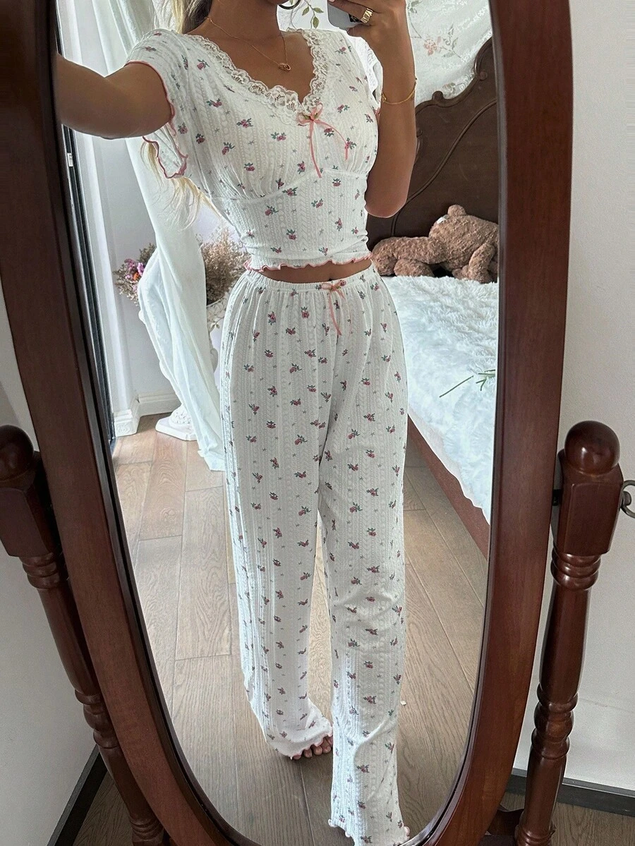 CottageSlumber CottageSlumber Conjunto de pijama casual de mujer CottageSlumber con estampado floral de jacquard cómodo