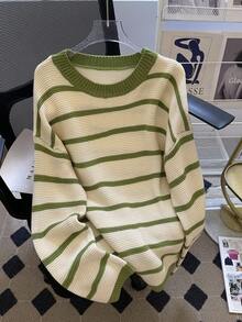 INAWLY 女式条纹常规宽松长袖圆领毛衣，秋季 - 綠色 - 查看 4