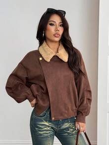 SHEIN PETITE Áo khoác cổ điển thường ngày dành cho nữ, Thu/Đông - màu nâu - Xem 10