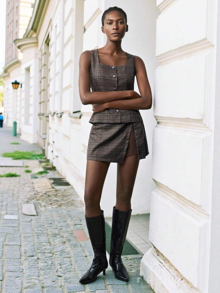 SHEIN Maija Women Asymmetric Hem Plaid Skirt With Waist Buckle Design,Office ,Fall Clothes