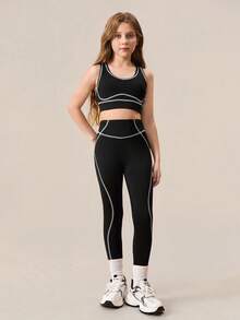 SHEIN Conjunto de ropa deportiva informal para niñas preadolescentes - Diseño de tirantes elásticos, chaleco deportivo negro cómodo y elástico, y pantalones de yoga, adecuado para correr, ciclismo, fitness, baloncesto, fútbol, tenis, bádminton - Negro - Ver 4