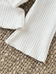 SHEIN Baby Girl Infant Toddler Newborn 0-3 Years Casual Daily Versatile Fashion Outerwear High Collar Drop Shoulder Ribbed Knit Long Sleeve Top + Flared Pants Set, Infant Autumn/Winter Clothing, Khaki Fall - White - View 7