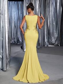 Glamrae Váy suông đuôi cá thêu hoa 3D cổ thuyền màu hồng sen thanh lịch, eo trong suốt, viền đuôi cá, thích hợp cho các buổi hẹn hò, tiệc độc thân, lễ tốt nghiệp, đám cưới, dạ tiệc trang trọng - Màu vàng - Xem 2