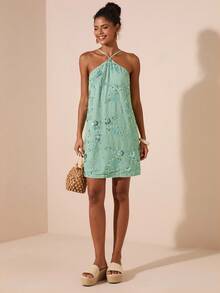 Travachic 女士性感露背系带亮片串珠装饰夏季海滩度假连衣裙 - 綠色 - 查看 3