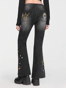 ROMWE EDITION Women's Halloween Moon & Star Embroidered Mysterious Denim Jeans - Black - View 3