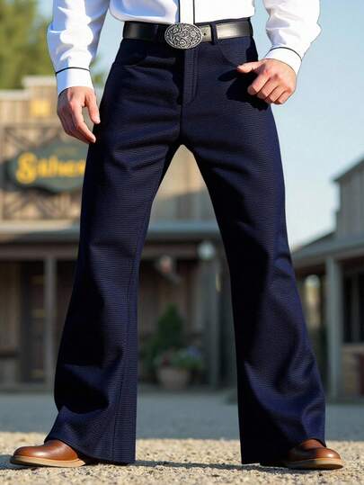 Manfinity Nomadique Pantalones acampanados casuales de unicolor para hombres, pantalones azul marino, pantalones de cintura alta, pantalones azul oscuro, pantalones occidentales, otoño