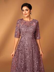 Serin Elegant Luxurious Gray Lace V-Neck Sheer Short Sleeve A-Line Dress With Embroidered Rhinestone Beads, Suitable For Weddings, Parties, Vacations, Galas, Evening Events, Mother Of The Bride Dress, Valentine's Day - Dusty Pink - View 4