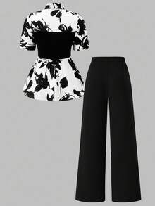 SHEIN Clasi 2件套女士夏季休闲花卉印花纽扣前衬衫和裤子套装 - 黑與白 - 查看 2