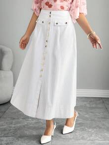Elenzga Gonna di jeans mini casual e versatile con bottoni frontali in colore unito - Bianco - Visualizzare 5