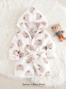 Cozy Pixies Bata con capucha de manga larga con cintura anudada, forro térmico y estampado de oso de dibujos animados para bebé niño - Albaricoque - Ver 4