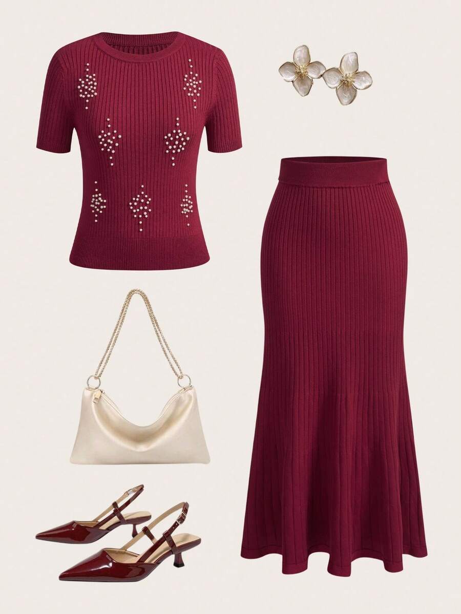 Modelyn 2pcs Set Solid Color Bubble Decor Fitted Knit Round Neck A-Line Elegant Skirt & Skirt Set