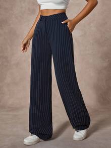 EURMUSE 女式海军蓝条纹直筒纽扣优雅西装裤 - 彩色 - 查看 3