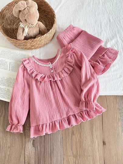 SHEIN 两件套女童休闲优雅长袖上衣和裤子家居服套装，两件套复古少女服装，粉色少女套装，少女圣诞节秋冬装