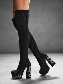 CUCCOO SZL Women's Square Toe Thick High Heel Embroidered Dragon Pattern Black Suede Elastic Fashionable Minimalist Super High Over-The-Knee Boots With Zipper For Christmas - Black - View 4