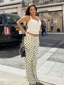 NegzBox 波尔卡圆点可爱波尔卡圆点春夏精致牛仔直筒中腰牛仔裤伊比沙岛假日休闲 - 米色 - 查看 5