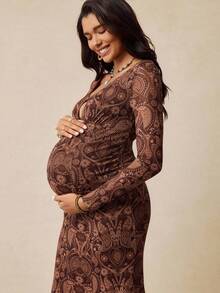 Boho Mama 孕妇休闲西部牛仔印花V领连衣裙 - 卡其色 - 查看 4