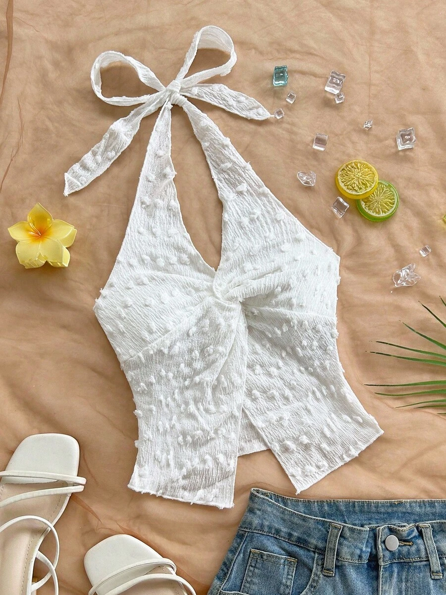 Soleia Fashionable Sexy Halter Tie Knot Hem Slit Open Back Camisole, Suitable For Holiday, Date, Afternoon Tea, Vacation, Music Festival, Boho, Wedding Season - White - View 1