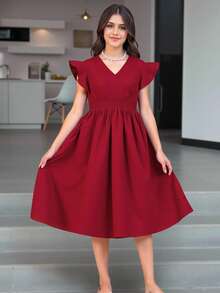 少女束腰美麗清新時尚長裙 - 酒紅色 - 查看 1