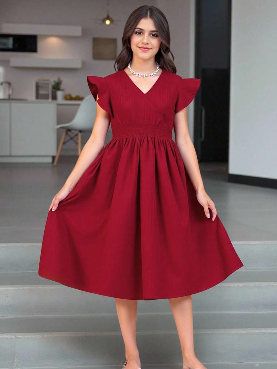 少女束腰美麗清新時尚長裙 - 酒紅色 - 查看 1