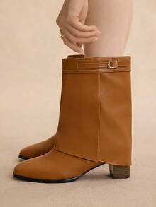 Rosivie Cuccoo 女士时尚舒适高跟方头天鹅绒踝靴，秋季 - 棕色 - 查看 2