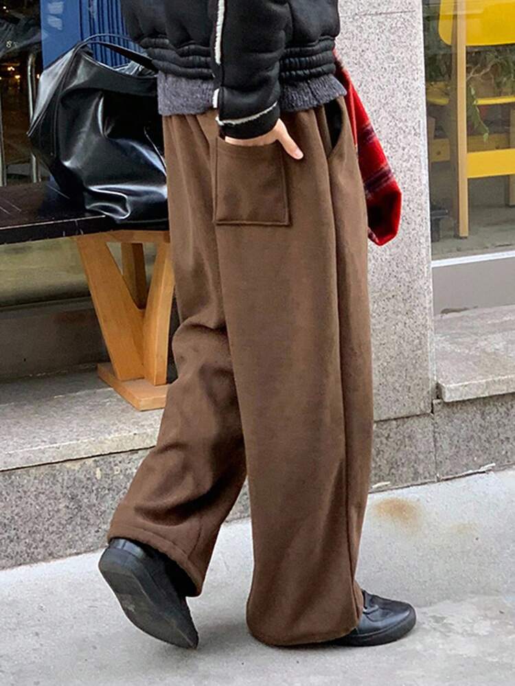 Men's Solid Color Pleated Design Corduroy Pants, Brown, Autumn, For Fall