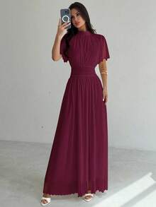 Firerie Women's Elegant Romantic Elegant Daily Commute Beach Vacation Stand Collar Pleated High Waist A-Line Flare Sleeve White Dress,Elegant Dresses For Women,Fall Wedding Guest Dress,Wedding Guest Dress Women - Burgundy - View 6