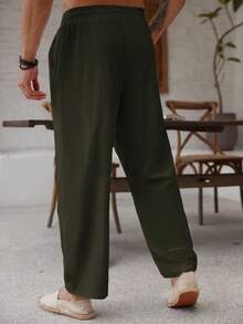 ResortEase Plus Size Men's Casual Versatile Solid Color Drawstring Waist Linen Pants, Fall - Green - View 2